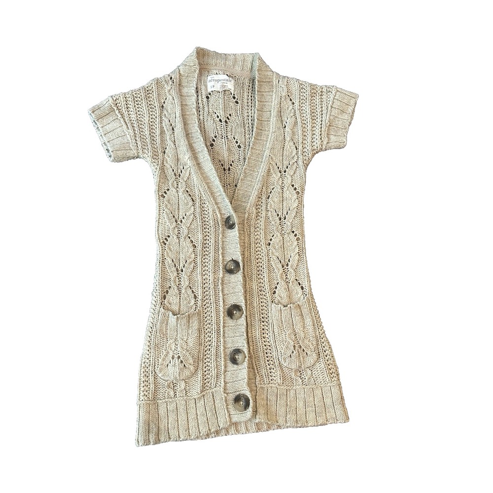 Aeropostale Wool Blend Tan Cable Knit Cardigan Sweater Dress S Preppy Crochet